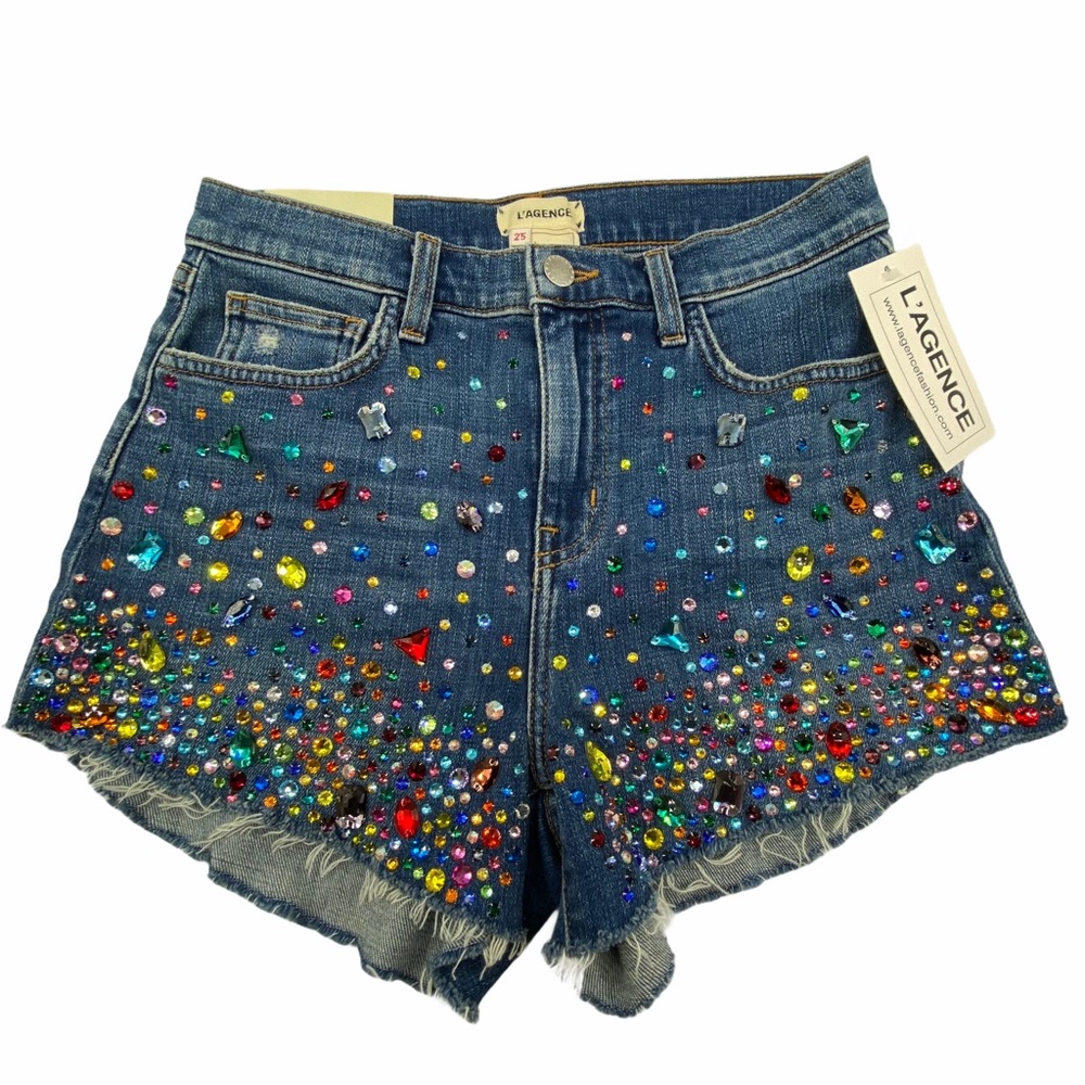 L’AGENCE | Bejeweled Rhinestone Ryland High Rise Jean Shorts RARE | 25 New - Picture 1 of 11